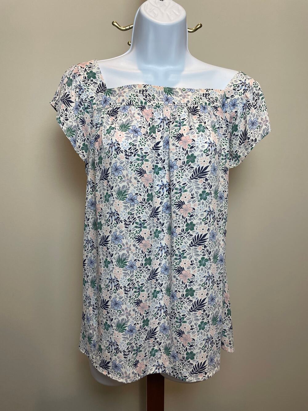 LOFT Square Neck Flutter Sleeve Top Size L White Floral